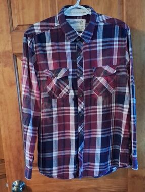 Men's Plaid Flannel Shirt - Burgundy Blue Roebuck & Co L Large Distressed